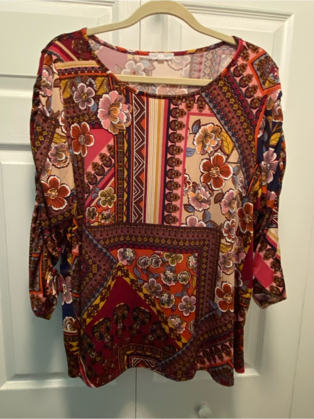 Ava James Boho Floral Patchwork Pattern Burgandy, Pink, Navy, Gold, Beige Top 1X